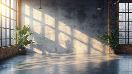 Poster - Sunlight streams through large windows in an industrial-style loft space.