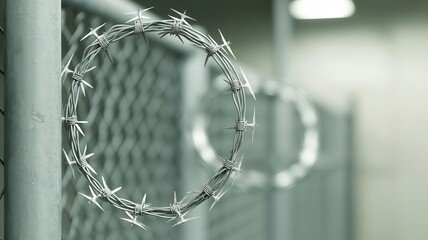 Abstract image of barbed wire spiraling around a prison fence, Prison security, confinement symbol