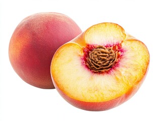 Wall Mural - Fresh Peach Cut in Half on White Background