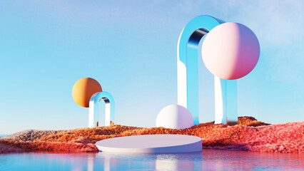 Wall Mural - 3d render, abstract surreal landscape colorful grassland with podium for product showing, arch and f