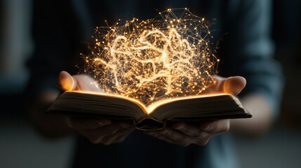 A mentor figure opening a book made of light, from which abstract ideas, symbols, and shapes emerge, knowledge sharing and intellectual growth