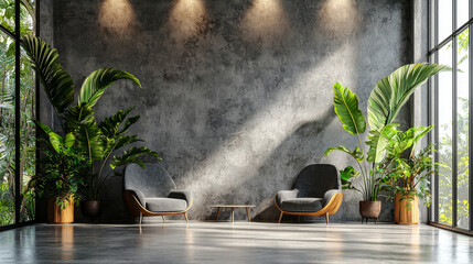 Two chairs and a table in a modern living room with large windows and plants.