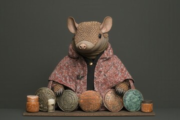 Armadillo in a wizard robe surrounded by magical shields, Armadillo in wizard costume, defensive magic, armored sorcery