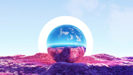 Wall Mural - 3d render, abstract surreal landscape with colorful scene, glass ball reflect grassland and sun at t