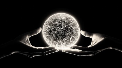 Poster - A pair of hands passing a glowing orb filled with complex patterns of circuits and symbols, representing the transfer of knowledge in a digital age