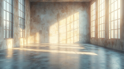 Poster - Sunbeams illuminate an empty industrial space.