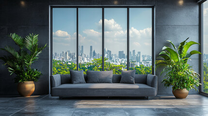 Modern living room with a view of the city