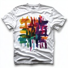 A colorful abstract design on a white t-shirt, showcasing vibrant brush strokes.