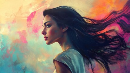 Wall Mural - A Woman's Profile with Flowing Black Hair Against a Colorful Abstract Background