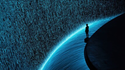 Wall Mural - A person standing at the edge of a digital waterfall, with streams of data cascading down into a pool, the flow of data used to make informed decisions