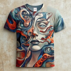 Wall Mural - A colorful artistic t-shirt design featuring abstract facial elements and flowing shapes.