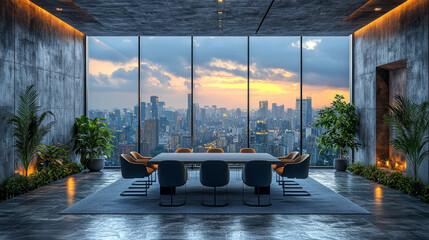 Canvas Print - Modern dining room with a stunning view of the city skyline at sunset.