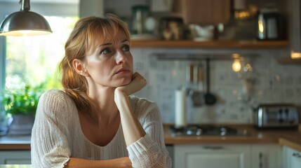 Wall Mural - A wife trying to adapt to a new family environment, looking puzzled in the kitchen.