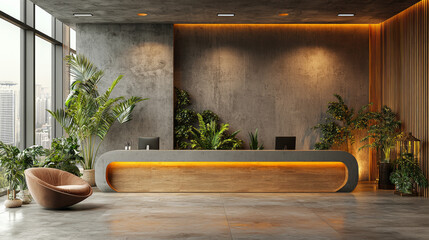 Sticker - Modern office reception with a sleek concrete desk and lush greenery.