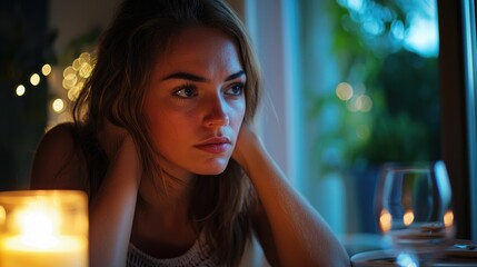 A wife with a somber expression, sitting alone at a dinner table set for two.