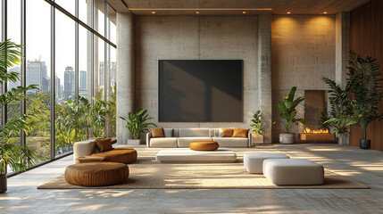 Wall Mural - Modern living room with a large window, sofa, and potted plants.