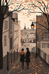 A romantic flat illustration of a couple in love in Paris, France, they are holding each other and almost in silhouette against the city street backdrop, portrait format aspect 83:125