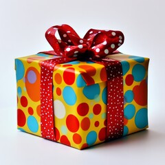 Wall Mural - A colorful gift box wrapped in vibrant paper and a red ribbon, perfect for celebrations.