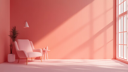 Wall Mural - Interior room in plain monochrome pinkish orange color with furnitures and room accessories. light background with copy space. 3d rendering. Monochrome. Illustration