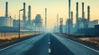 © Nuttaya Nampai - Empty road in an industrial area with steel structures and large factory buildings lining the sides, under a hazy sky