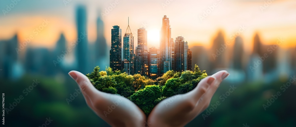 Futuristic sustainable cityscape with skyscrapers and nature at sunset ...