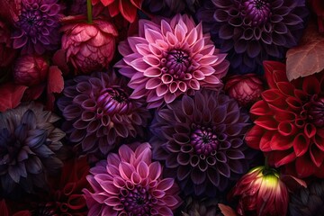 Canvas Print - A stunning arrangement of purple and red dahlias fills the garden, showcasing their intricate petals and rich colors against a lush green backdrop during late summer