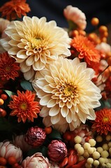 Canvas Print - A stunning floral arrangement features large cream dahlias surrounded by bright orange and red flowers, showcasing a rich palette of autumn colors