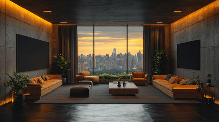 Canvas Print - Modern living room with city skyline view