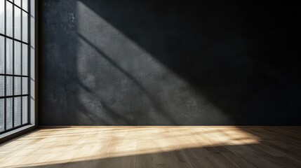 Empty room with a modern black wall and a natural light oak floor, with no furniture, and a sliver of natural light illuminating the space softly