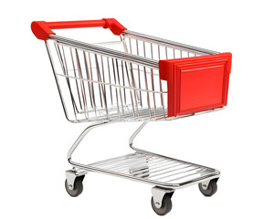 Red and Chrome Shopping Cart: A miniature red shopping cart with chrome accents, isolated on a white background. This image is perfect for showcasing retail, online shopping, consumerism, and more. 