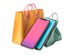 Shopping Spree: A smartphone sits between two colorful shopping bags, showcasing the convenience of online shopping and mobile payments, creating a vibrant visual for e-commerce and retail. 