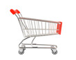 © Ytnart - Shopping Cart Ready for Action: A sleek, chrome shopping cart with red handles stands ready for its next adventure, symbolizing the excitement of consumerism and the thrill of the shopping experience.