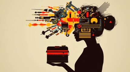 Poster - A silhouette of a person holding a toolbox, with abstract symbols of technology, data, and learning flowing out of it, representing the concept of acquiring new tools and skills