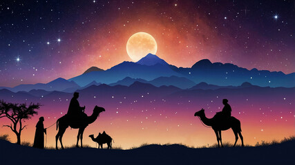 Scenic desert night with people and camels under a radiant starry sky by a rustic shelter, Nativity scene