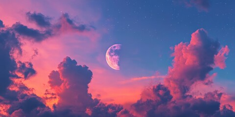 Wall Mural - Pink and Purple Sky with Half Moon,