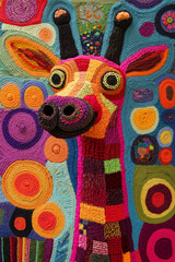 A colorful crocheted giraffe is hanging on a wall