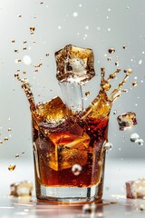 Poster - A refreshing drink with cola, ice cubes, and a splash of water