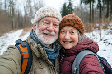 Poster - Joyful Elderly Couple Taking Selfie in Picturesque Outdoor Setting, Radiating Happiness and Warmth with Wide Angle Perspective