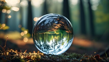 Enchanted forest scene captured in a crystal ball, featuring soft morning light and dreamy bokeh effects in a macro shot.