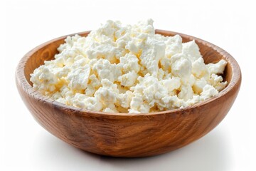 Poster - Fresh cottage cheese served in a wooden bowl on a white surface, perfect for snacks or meal prep