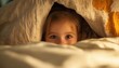 © supansa - Child peeking out from behind a bed, giggling during a playful game, halloween peek, playful moment.