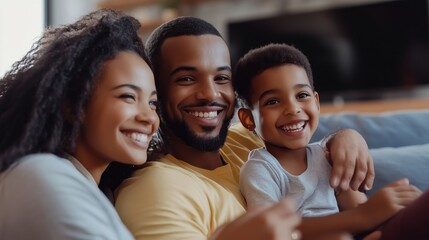 Wall Mural - Happy family enjoying quality time together at home in a cozy living room during a sunny afternoon