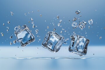 Aufkleber - Three ice cubes dropping into a pool of clear water, creating ripples and refractions