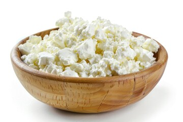 Poster - A wooden bowl filled with cottage cheese on a white surface, great for food or cooking illustrations