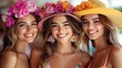 © Nataliia_Trushchenko - Three women wearing flowery hats and smiling for the camera. Scene is cheerful and lighthearted
