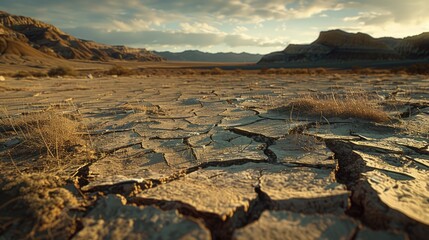 Poster - A dry, cracked field with mountains visible on the horizon