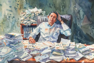 Aufkleber - A person sits at a desk surrounded by stacks of paperwork, suggesting a busy or overwhelmed work environment