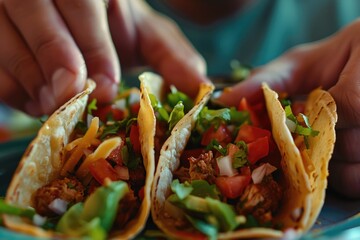 Poster - Close-up shot of a person holding a plate of tacos, perfect for food and lifestyle images