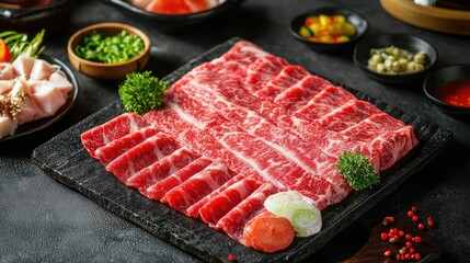 Fresh marbled beef slices, raw and ready for Sukiyaki, Shabu, or Yakiniku, beautifully arranged with side dishes and garnishes. A gourmet food presentation.