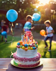 empty table with copy space, with birthday cake in the background children playing at outdoor birthd